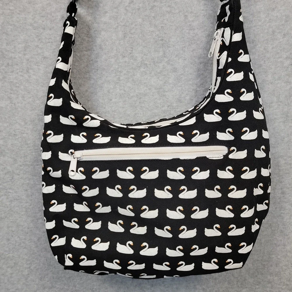 KAVU Satchel Crossbody Bag Shoulder Purse Black & White Swan Pattern Canvas